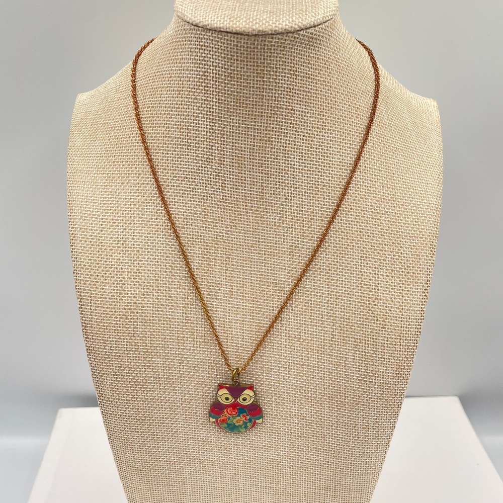 Afterthoughts Y2K Gold-Tone Multicolor Floral Enamel Coated Owl Pendant Necklace